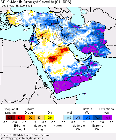 Middle East and Turkey SPI 9-Month Drought Severity (CHIRPS) Thematic Map For 12/1/2019 - 8/31/2020