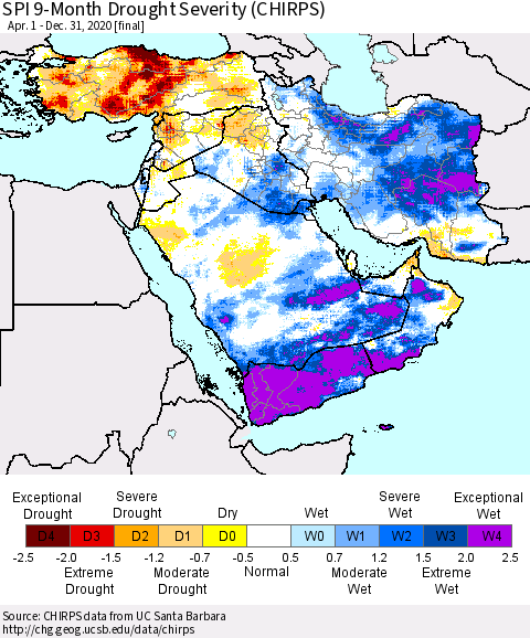 Middle East and Turkey SPI 9-Month Drought Severity (CHIRPS) Thematic Map For 4/1/2020 - 12/31/2020