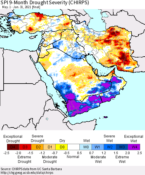Middle East and Turkey SPI 9-Month Drought Severity (CHIRPS) Thematic Map For 5/1/2020 - 1/31/2021