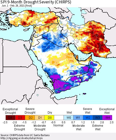 Middle East and Turkey SPI 9-Month Drought Severity (CHIRPS) Thematic Map For 6/1/2020 - 2/28/2021