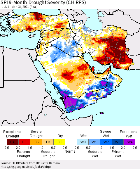 Middle East and Turkey SPI 9-Month Drought Severity (CHIRPS) Thematic Map For 7/1/2020 - 3/31/2021