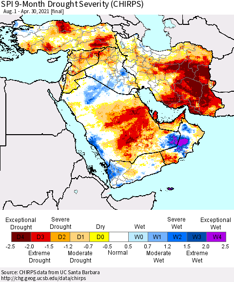 Middle East and Turkey SPI 9-Month Drought Severity (CHIRPS) Thematic Map For 8/1/2020 - 4/30/2021