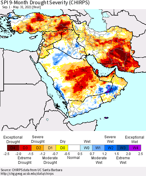 Middle East and Turkey SPI 9-Month Drought Severity (CHIRPS) Thematic Map For 9/1/2020 - 5/31/2021