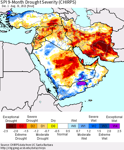 Middle East and Turkey SPI 9-Month Drought Severity (CHIRPS) Thematic Map For 12/1/2020 - 8/31/2021