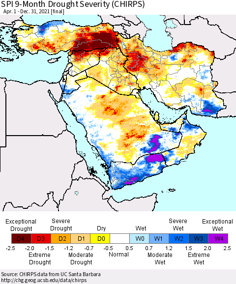 Middle East and Turkey SPI 9-Month Drought Severity (CHIRPS) Thematic Map For 4/1/2021 - 12/31/2021