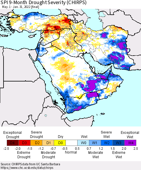 Middle East and Turkey SPI 9-Month Drought Severity (CHIRPS) Thematic Map For 5/1/2021 - 1/31/2022