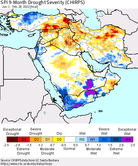 Middle East and Turkey SPI 9-Month Drought Severity (CHIRPS) Thematic Map For 6/1/2021 - 2/28/2022