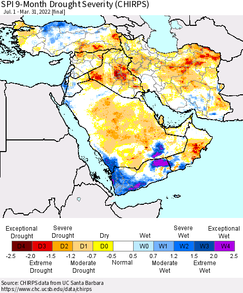 Middle East and Turkey SPI 9-Month Drought Severity (CHIRPS) Thematic Map For 7/1/2021 - 3/31/2022