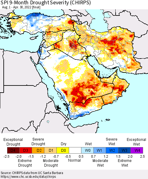 Middle East and Turkey SPI 9-Month Drought Severity (CHIRPS) Thematic Map For 8/1/2021 - 4/30/2022