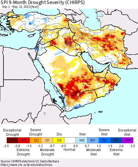 Middle East and Turkey SPI 9-Month Drought Severity (CHIRPS) Thematic Map For 9/1/2021 - 5/31/2022