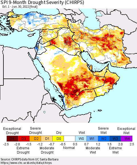 Middle East and Turkey SPI 9-Month Drought Severity (CHIRPS) Thematic Map For 10/1/2021 - 6/30/2022