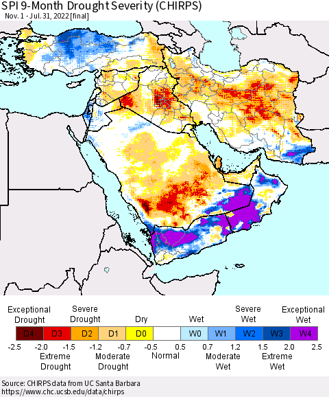 Middle East and Turkey SPI 9-Month Drought Severity (CHIRPS) Thematic Map For 11/1/2021 - 7/31/2022