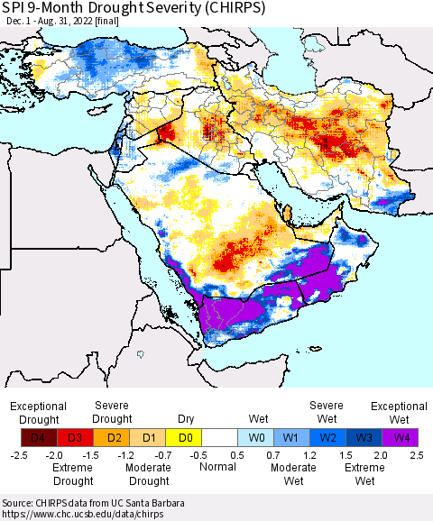 Middle East and Turkey SPI 9-Month Drought Severity (CHIRPS) Thematic Map For 12/1/2021 - 8/31/2022