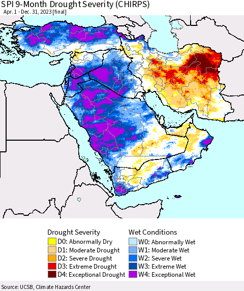 Middle East and Turkey SPI 9-Month Drought Severity (CHIRPS) Thematic Map For 4/1/2023 - 12/31/2023