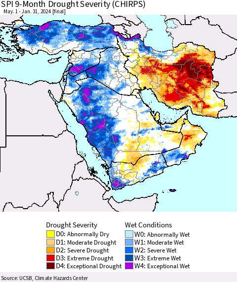 Middle East and Turkey SPI 9-Month Drought Severity (CHIRPS) Thematic Map For 5/1/2023 - 1/31/2024