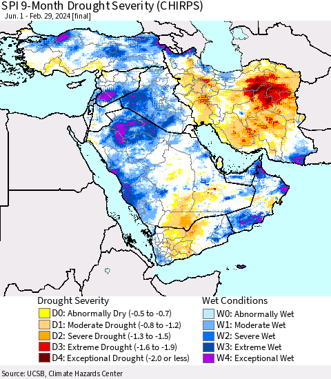 Middle East and Turkey SPI 9-Month Drought Severity (CHIRPS) Thematic Map For 6/1/2023 - 2/29/2024