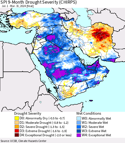 Middle East and Turkey SPI 9-Month Drought Severity (CHIRPS) Thematic Map For 7/1/2023 - 3/31/2024