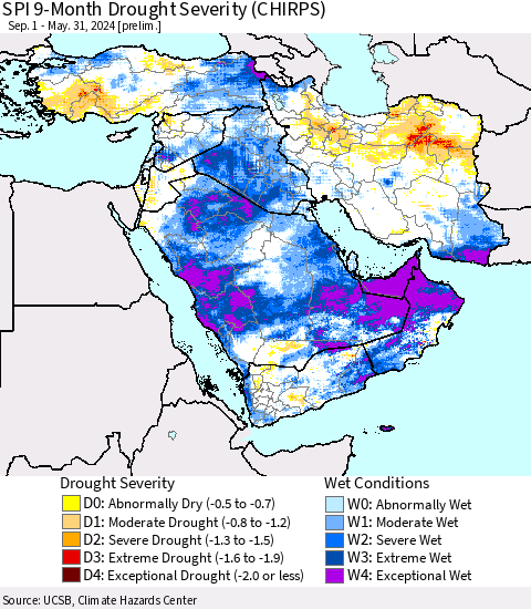 Middle East and Turkey SPI 9-Month Drought Severity (CHIRPS) Thematic Map For 9/1/2023 - 5/31/2024