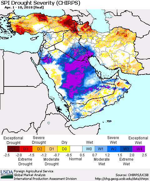 Middle East and Turkey SPI Drought Severity (CHIRPS) Thematic Map For 4/1/2018 - 4/10/2018
