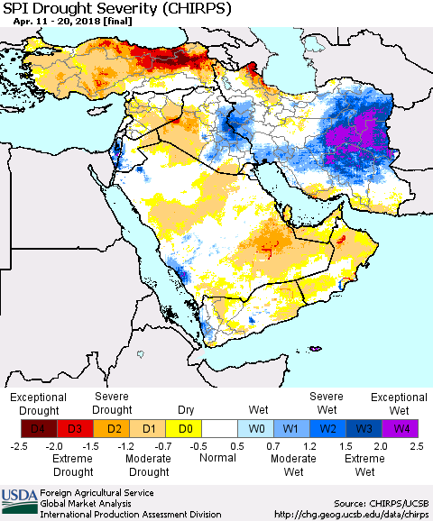 Middle East and Turkey SPI Drought Severity (CHIRPS) Thematic Map For 4/11/2018 - 4/20/2018