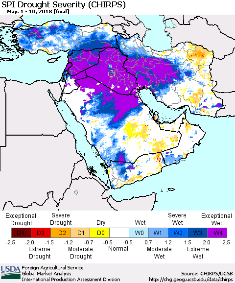 Middle East and Turkey SPI Drought Severity (CHIRPS) Thematic Map For 5/1/2018 - 5/10/2018