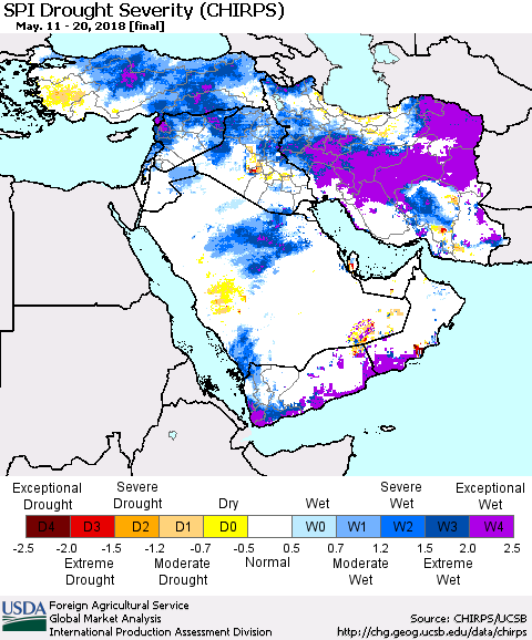 Middle East and Turkey SPI Drought Severity (CHIRPS) Thematic Map For 5/11/2018 - 5/20/2018