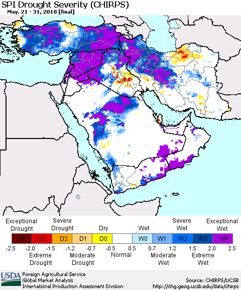 Middle East and Turkey SPI Drought Severity (CHIRPS) Thematic Map For 5/21/2018 - 5/31/2018