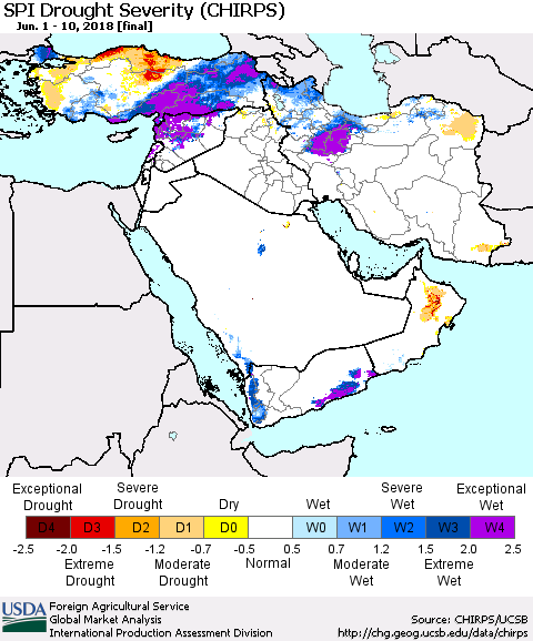 Middle East and Turkey SPI Drought Severity (CHIRPS) Thematic Map For 6/1/2018 - 6/10/2018