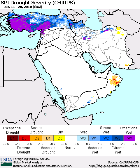 Middle East and Turkey SPI Drought Severity (CHIRPS) Thematic Map For 6/11/2018 - 6/20/2018