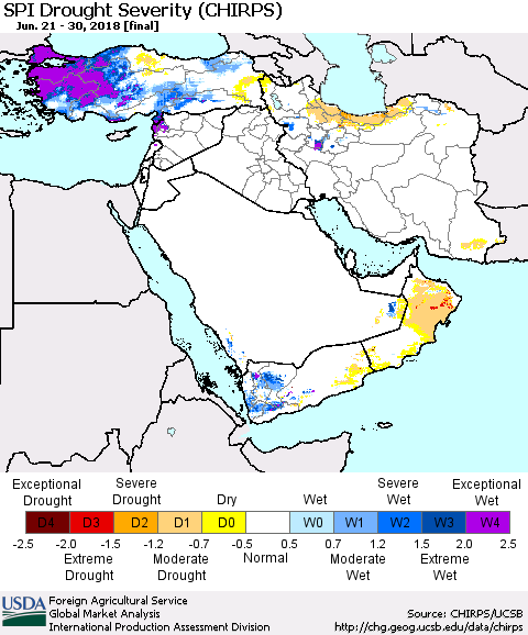 Middle East and Turkey SPI Drought Severity (CHIRPS) Thematic Map For 6/21/2018 - 6/30/2018