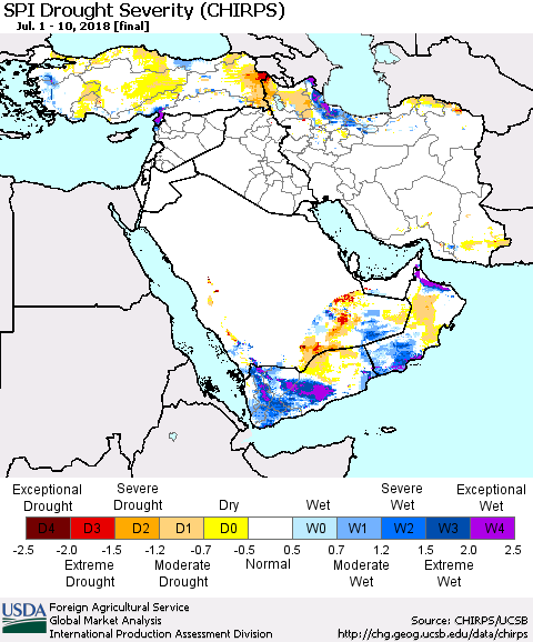 Middle East and Turkey SPI Drought Severity (CHIRPS) Thematic Map For 7/1/2018 - 7/10/2018