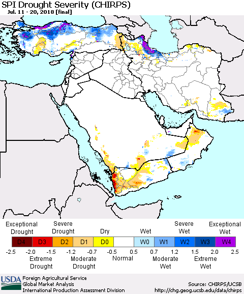 Middle East and Turkey SPI Drought Severity (CHIRPS) Thematic Map For 7/11/2018 - 7/20/2018