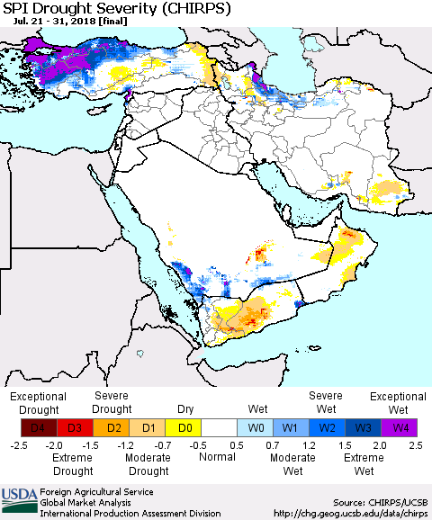 Middle East and Turkey SPI Drought Severity (CHIRPS) Thematic Map For 7/21/2018 - 7/31/2018
