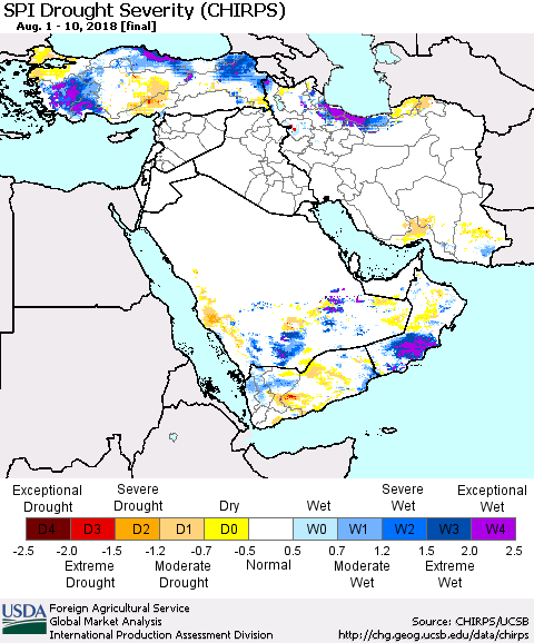 Middle East and Turkey SPI Drought Severity (CHIRPS) Thematic Map For 8/1/2018 - 8/10/2018