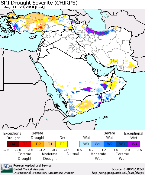 Middle East and Turkey SPI Drought Severity (CHIRPS) Thematic Map For 8/11/2018 - 8/20/2018