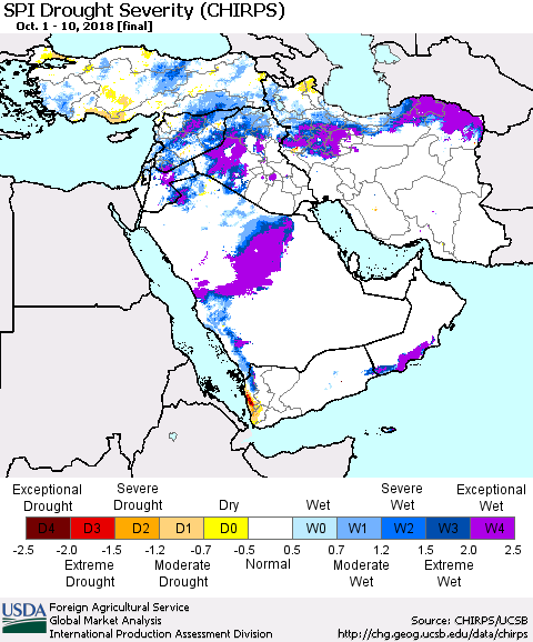 Middle East and Turkey SPI Drought Severity (CHIRPS) Thematic Map For 10/1/2018 - 10/10/2018