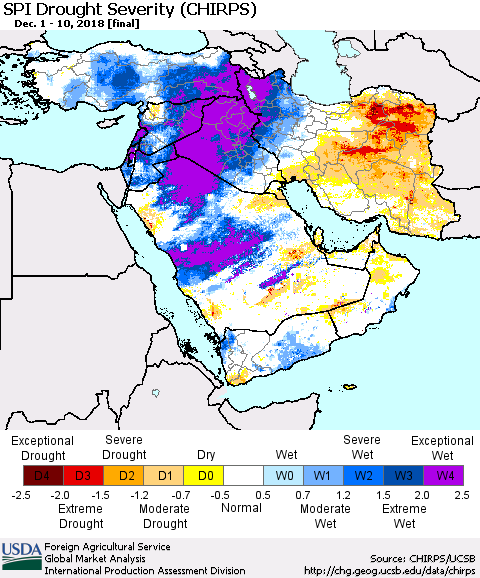 Middle East and Turkey SPI Drought Severity (CHIRPS) Thematic Map For 12/1/2018 - 12/10/2018