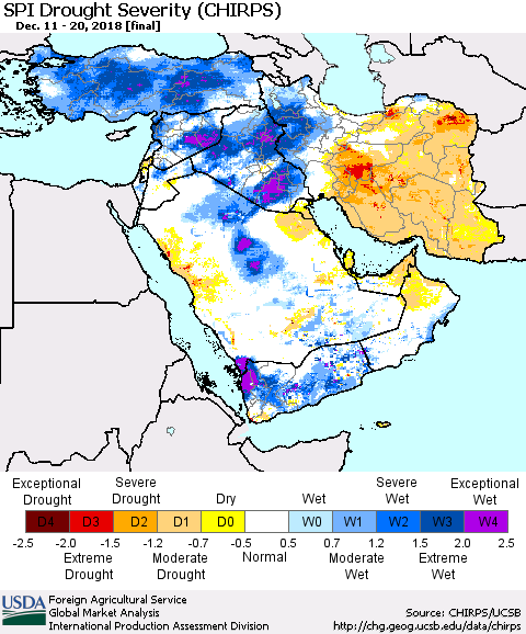 Middle East and Turkey SPI Drought Severity (CHIRPS) Thematic Map For 12/11/2018 - 12/20/2018