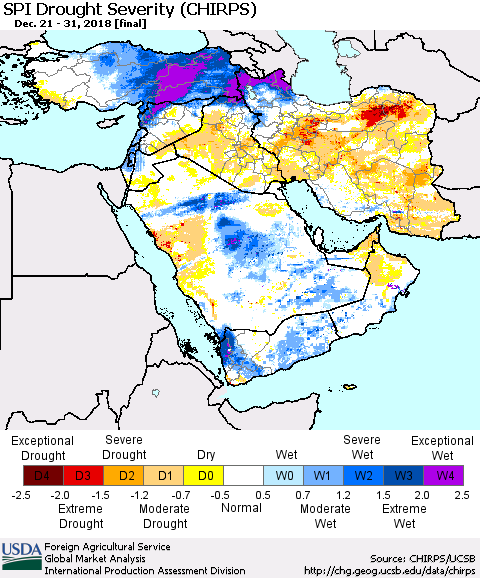 Middle East and Turkey SPI Drought Severity (CHIRPS) Thematic Map For 12/21/2018 - 12/31/2018