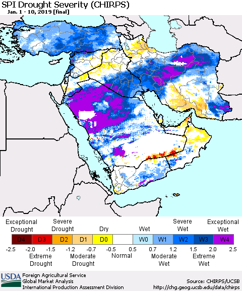 Middle East and Turkey SPI Drought Severity (CHIRPS) Thematic Map For 1/1/2019 - 1/10/2019