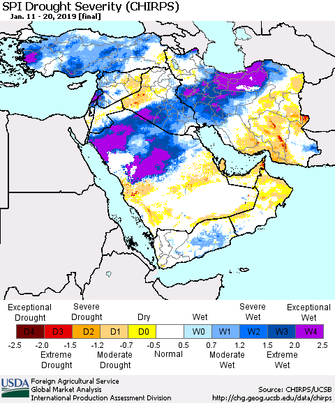 Middle East and Turkey SPI Drought Severity (CHIRPS) Thematic Map For 1/11/2019 - 1/20/2019