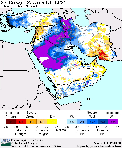 Middle East and Turkey SPI Drought Severity (CHIRPS) Thematic Map For 1/21/2019 - 1/31/2019