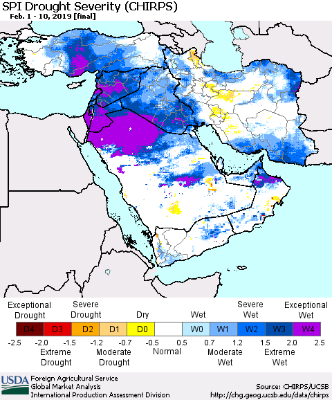 Middle East and Turkey SPI Drought Severity (CHIRPS) Thematic Map For 2/1/2019 - 2/10/2019