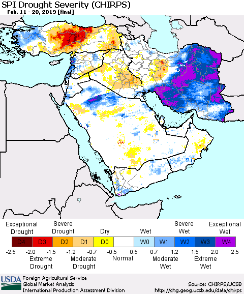 Middle East and Turkey SPI Drought Severity (CHIRPS) Thematic Map For 2/11/2019 - 2/20/2019