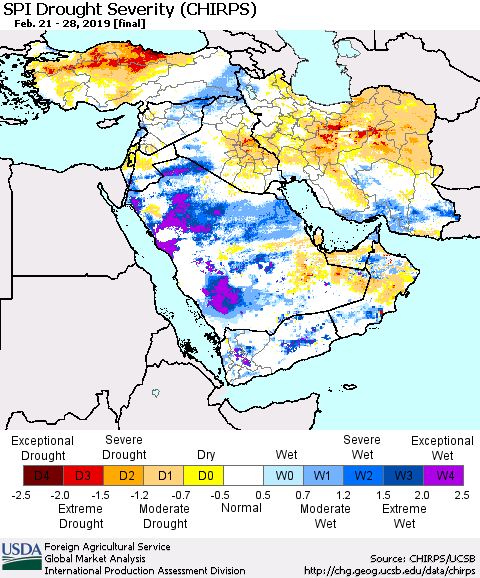 Middle East and Turkey SPI Drought Severity (CHIRPS) Thematic Map For 2/21/2019 - 2/28/2019