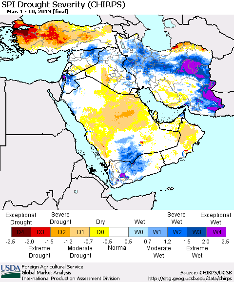 Middle East and Turkey SPI Drought Severity (CHIRPS) Thematic Map For 3/1/2019 - 3/10/2019