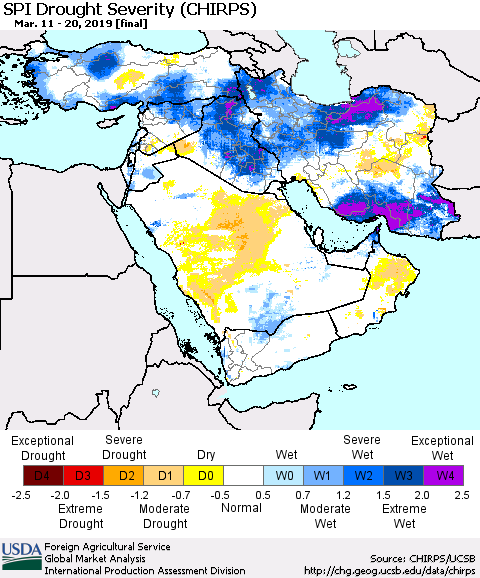 Middle East and Turkey SPI Drought Severity (CHIRPS) Thematic Map For 3/11/2019 - 3/20/2019