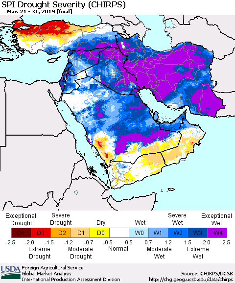 Middle East and Turkey SPI Drought Severity (CHIRPS) Thematic Map For 3/21/2019 - 3/31/2019