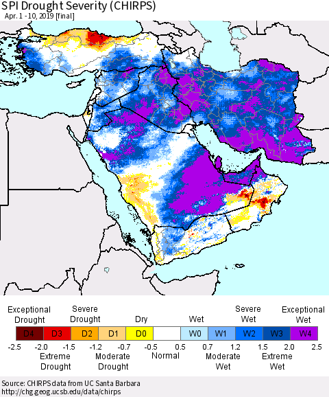 Middle East and Turkey SPI Drought Severity (CHIRPS) Thematic Map For 4/1/2019 - 4/10/2019