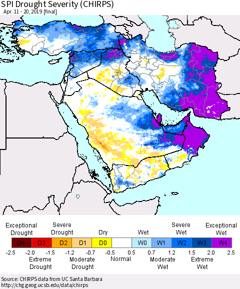 Middle East and Turkey SPI Drought Severity (CHIRPS) Thematic Map For 4/11/2019 - 4/20/2019
